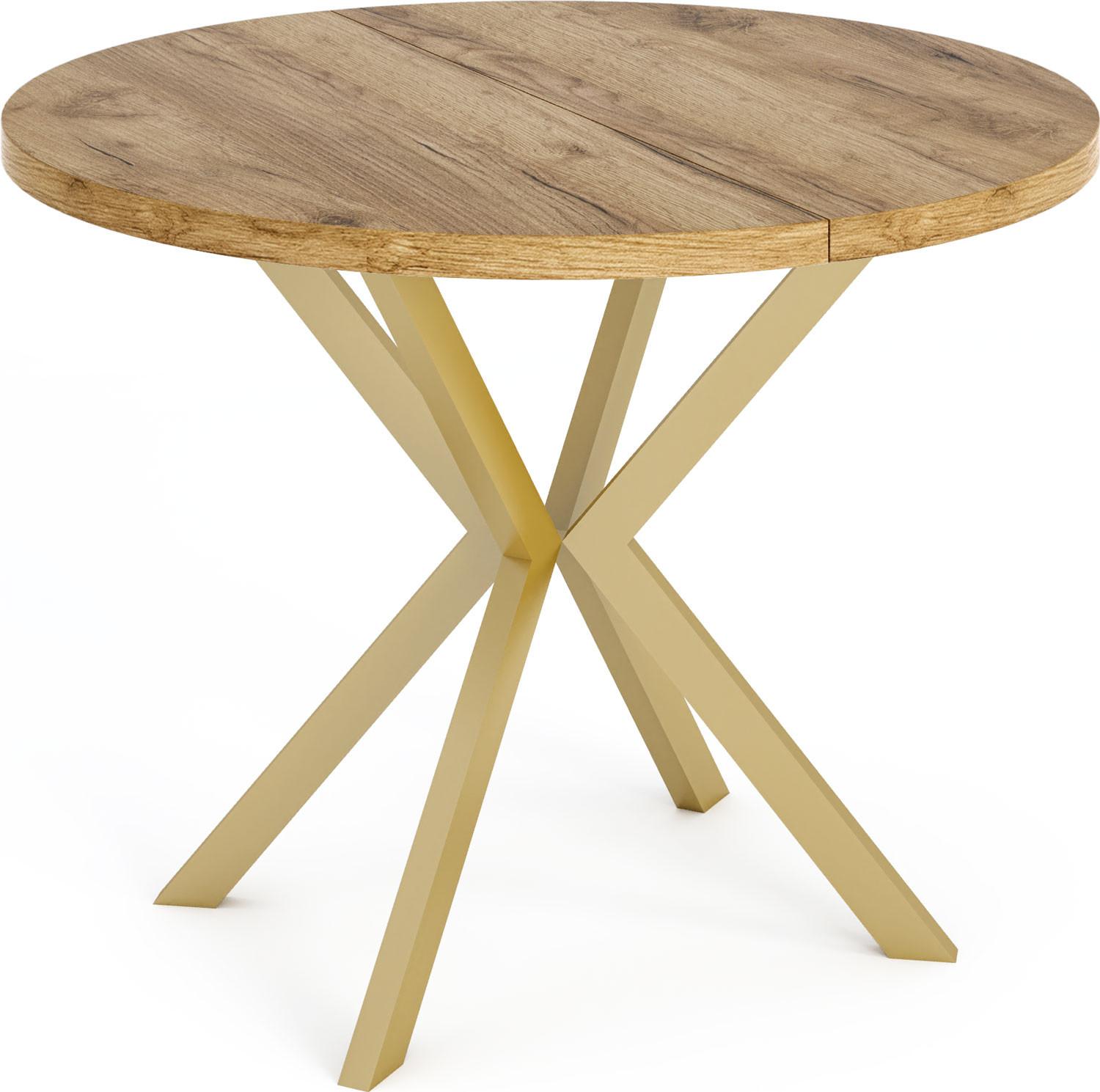 ESSTISCH Flora runder ausziehbarer, Craft Eiche 100-180/100/76 cm - Eiche Wotan/Goldfarben, Holzwerkstoff/Metall (100/180/76cm) - WFL GROUP