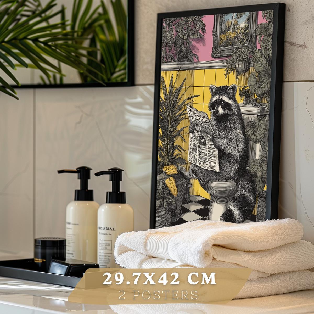 POSTER 2er-Set dekorative Badezimmer-Kunstdrucke, künstlerische für Wand, Toilette mit Tieren auf der Toilette, Vintage Schwarzer Rahmen A3 - Schwarz, Papier (42/29.7/3cm) - Nacnic
