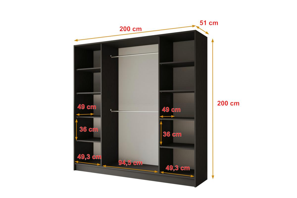 KLEIDERSCHRANK - LESE - 200 - Schwarz - Schwarz Hochglanz/Schwarz, Holzwerkstoff (200/200/51cm) - ALTDECOR