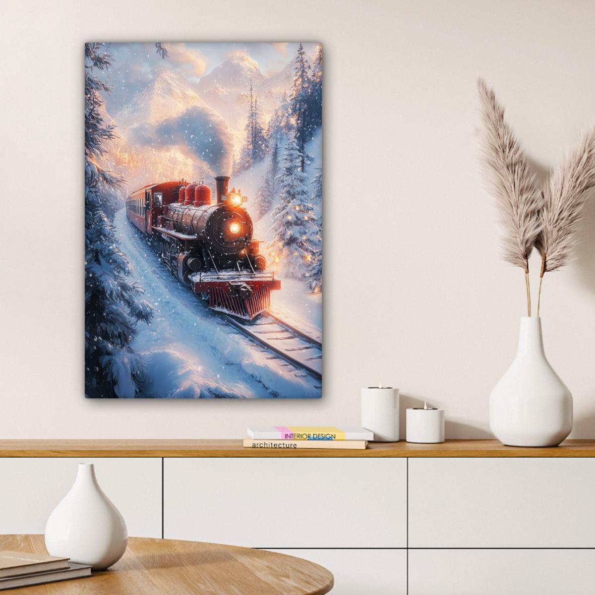 LEINWANDBILD Weihnachtszug - Schnee - Winter - Weihnachten Wanddeko 40x60 cm - Dunkelrot, Textil (40/60cm) - MuchoWow