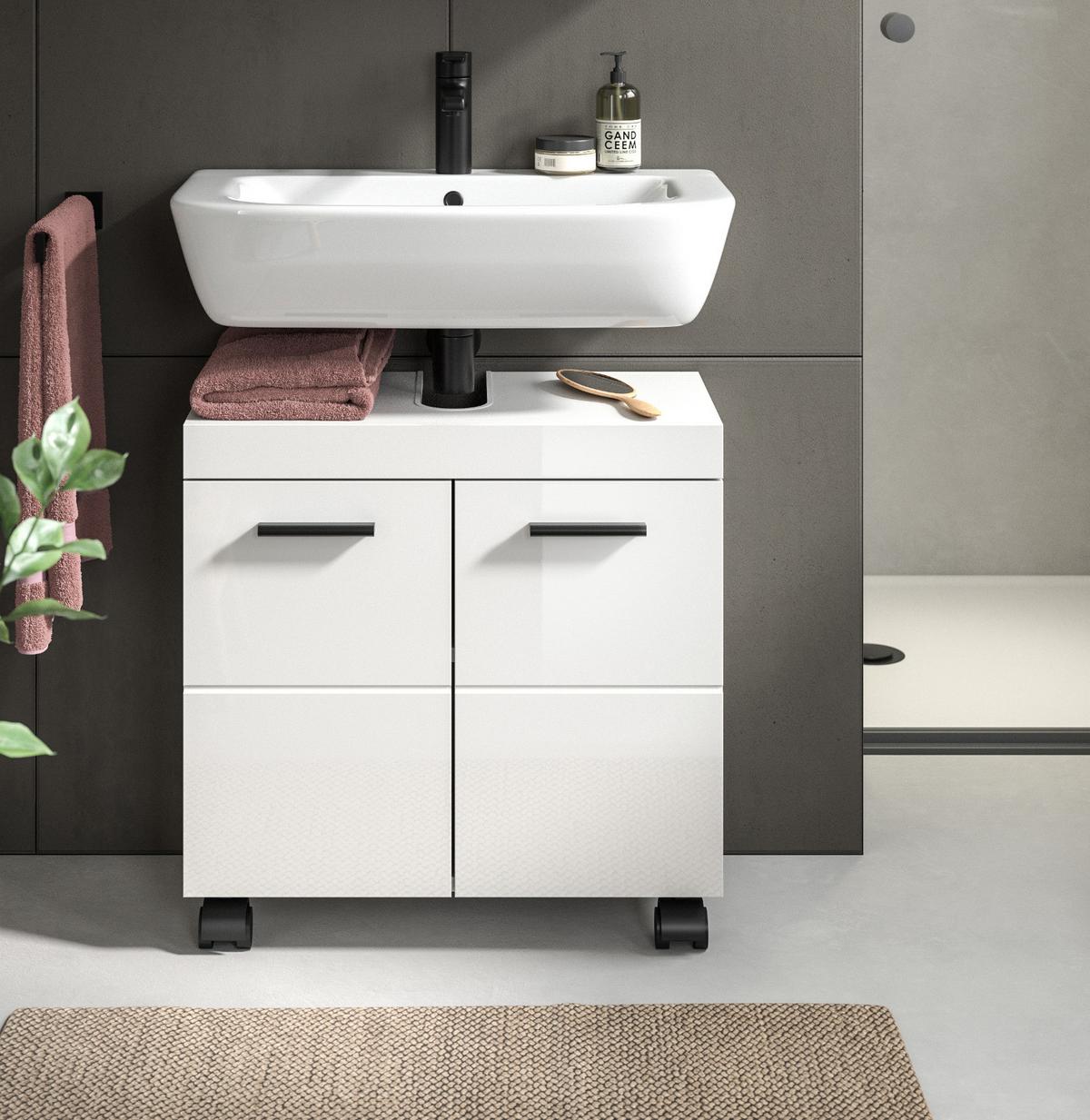 WASCHBECKENUNTERSCHRANK weiß Hochglanz 60 cm, Badezimmer Unterschrank auf Rollen - Weiß Hochglanz/Schwarz, Holzwerkstoff/Kunststoff (60/58/30cm) - Inn.Furn