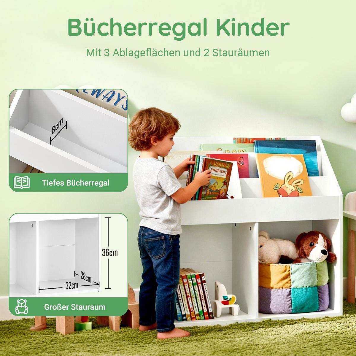 KINDER-BÜCHERREGAL, Kinderregal für Spielzeug, Weiß 68x68x30cm - Weiß, Holzwerkstoff (68/68/30cm) - SoBuy