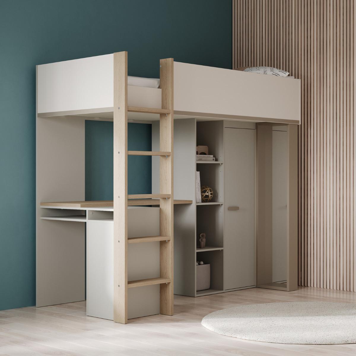 HOCHBETT mit schreibtisch und kleiderschrank - camillia 205,9/104,1/183 cm - Eichefarben/Grau, Holzwerkstoff - Calicosy