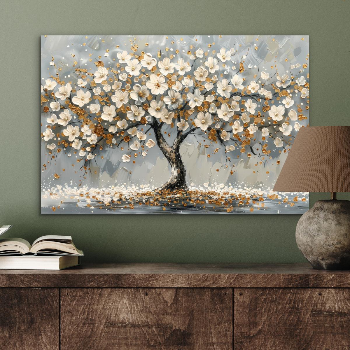 METALLBILD Baum - Blumen - Weiß - Natur - Kunst Wandbild 60x40 cm - Weiß, Metall (60/40cm) - MuchoWow