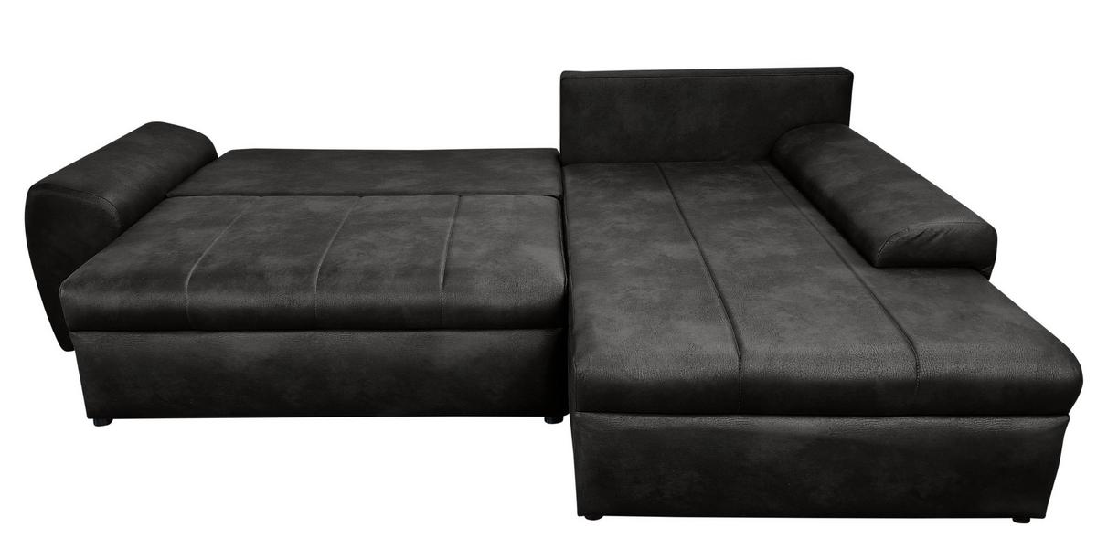 ECKSOFA mit Schlaffunktion, Bettkasten, Wellenunterfederung, Ottomane rechts B266/T186/H90 cm, Mikrofaser Leder-Optik Vintage Schwarz / 18013 - Schwarz, Kunststoff/Textil (266/186cm) - luma-home