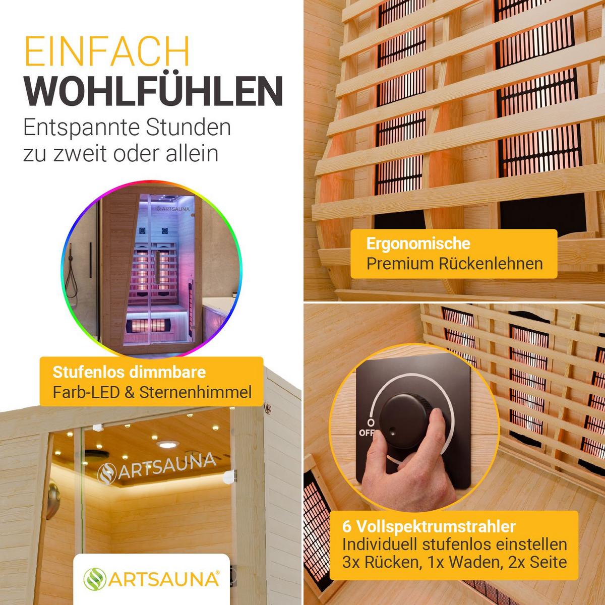 INFRAROTKABINE Bergen115 mit Vollspektrumstrahlern & Hemlockholz - Naturfarben, Holz (105/190/115cm) - Artsauna