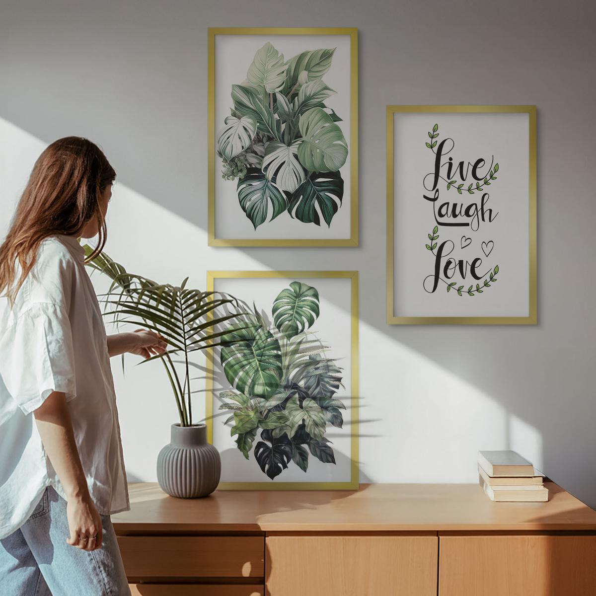 BILDER SET 3er Set - 40x60 cm Goldrahmen - Blattpflanzen leben, lachen, lieben - Goldfarben, Kunststoff (40/60cm) - TULUP