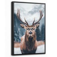 LEINWAND Bilder mit Rahmen - Hirsche - Tiere - Landschaft - Winter - Schnee - 40x60 - Kastanienfarben, Textil (40/60cm) - MuchoWow
