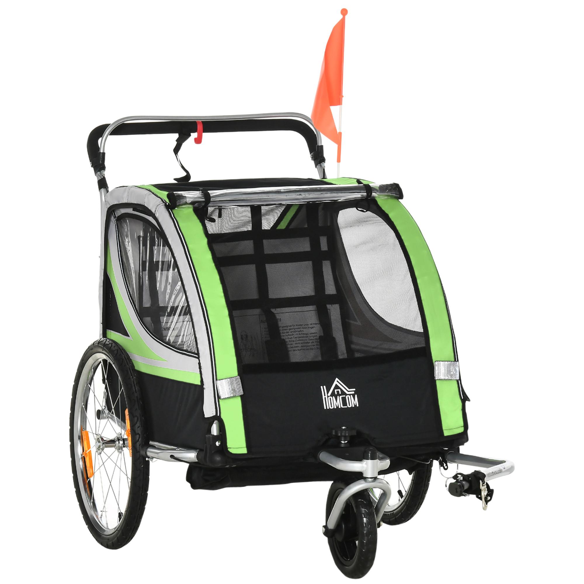 2 in 1 Kinderanhänger, Fahrradanhänger Kinderbuggy mit 5-Punkt Sicherheitsgurt - Schwarz/Grün, Kunststoff/Metall (75/101/142cm) - HOMCOM