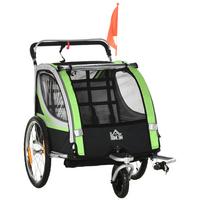 2 in 1 Kinderanhänger, Fahrradanhänger Kinderbuggy mit 5-Punkt Sicherheitsgurt - Schwarz/Grün, Kunststoff/Metall (75/101/142cm) - HOMCOM