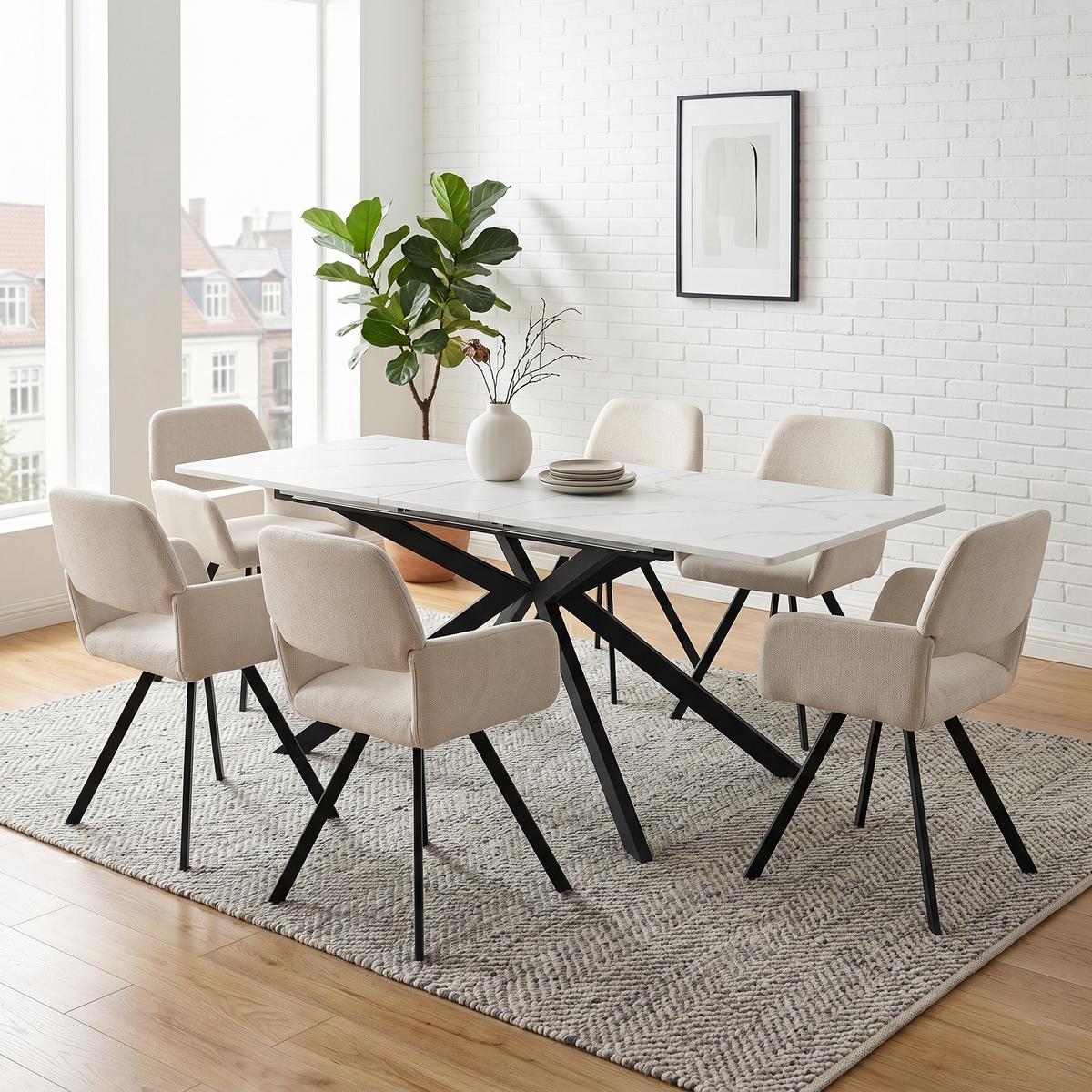 ESSTISCH-SET 1+6, ausziehbarer Tisch mit 6 Esszimmerstühlen - Schwarz/Weiß, Holzwerkstoff (180/75.5/70cm) - Urban Meuble