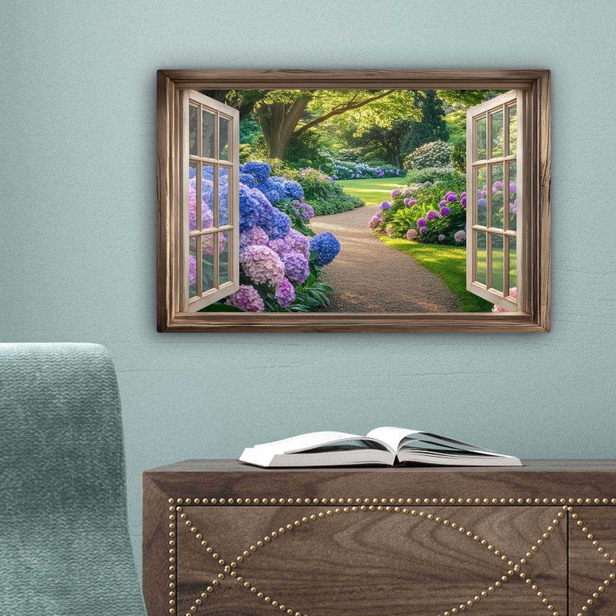 LEINWANDBILD Aussicht - Garten - Fenster - Hortensie - Blumen Deko Schlafzimmer 30x20 cm - Pastellblau, Textil (30/20cm) - MuchoWow