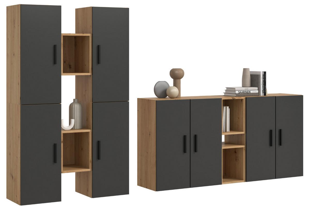 WOHNWAND grau, Eiche Artisan 259 x 184 cm, Wohnkombination hängend / stehend - Schwarz/Eiche Artisan, Holzwerkstoff/Kunststoff (259/151/34cm) - Inn.Furn
