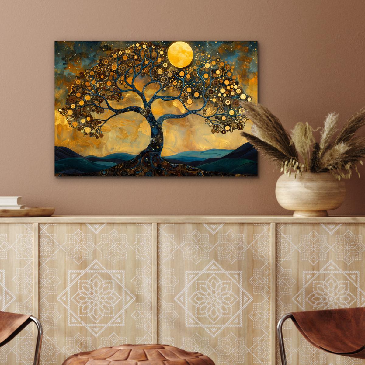 METALLBILD Baum - Mond - Blumen - Gold - Kunst Wandbild 60x40 cm - Orange, Metall (60/40cm) - MuchoWow