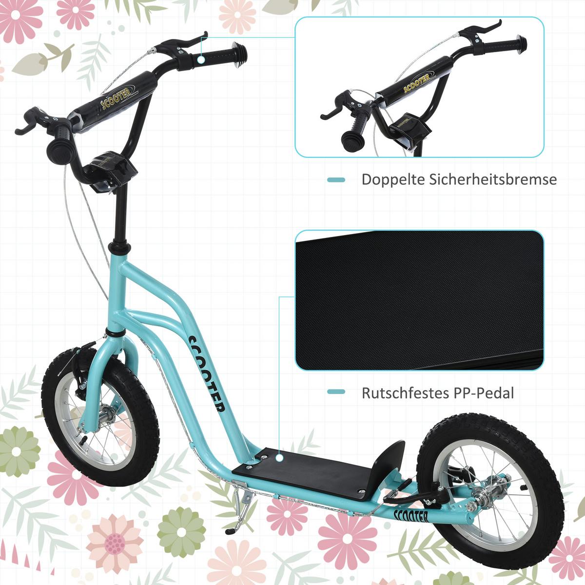 KINDERROLLER Lenker Verstellbar Tretroller mit Luftreifen 12 Zoll Blau - Blau, Metall (120/58/80cm) - HOMCOM