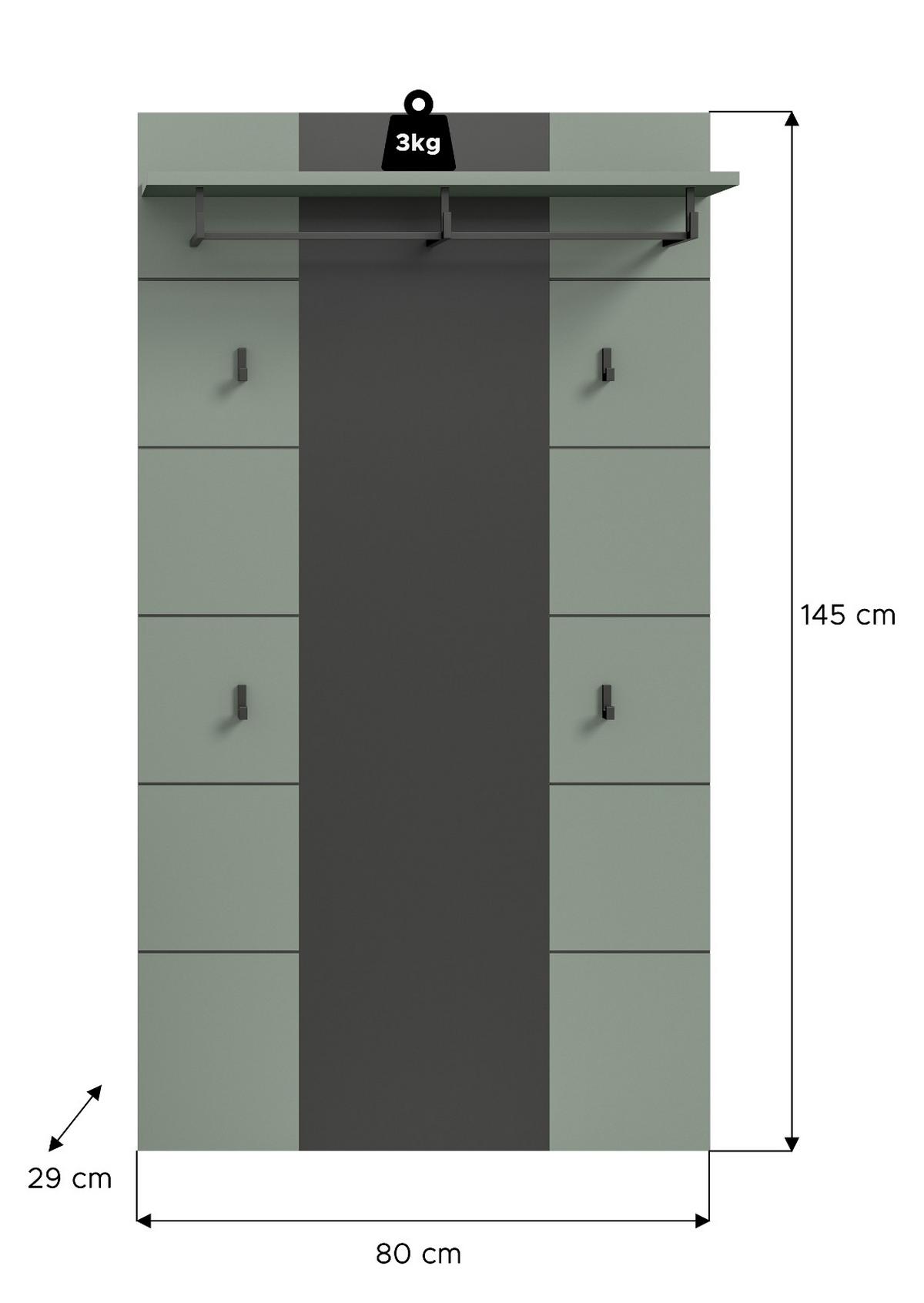 GARDEROBENPANEEL Salbei Grün und Grau, Wandgarderobe 80 x 141 cm mit Kleiderstange - Salbeigrün/Dunkelgrau, Holzwerkstoff (80/141/29cm) - Inn.Furn