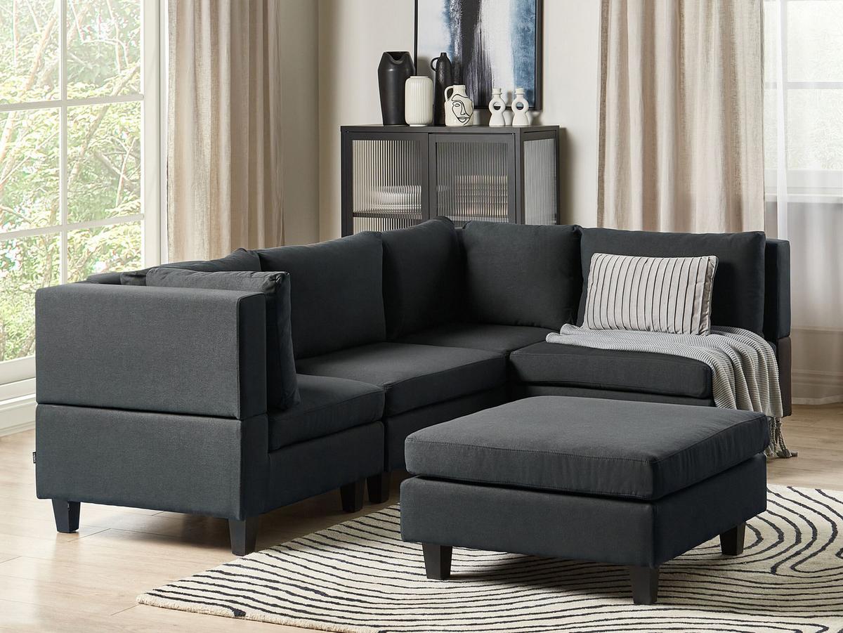 4-SITZER-ECKSOFA Leinenoptik schwarz rechtsseitig mit Ottomane Fevik - Schwarz, Textil (228/72/152cm) - Beliani