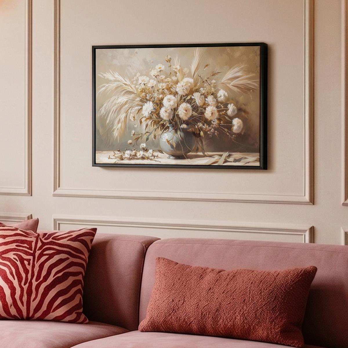 LEINWAND Bilder mit Rahmen - Blumen - Vase - Stilleben - Beige - 60x40 - Creme, Textil (60/40cm) - MuchoWow