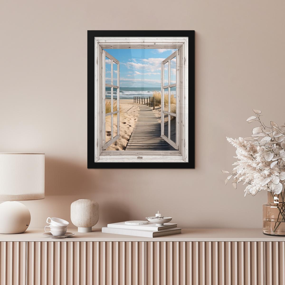 POSTER MIT RAHMEN Fenster - Meer - Küste - Natur - Ausblick - Strand - Wattenmeer Bilderrahmen 30x40 cm - Beige, Papier (30/40cm) - MuchoWow