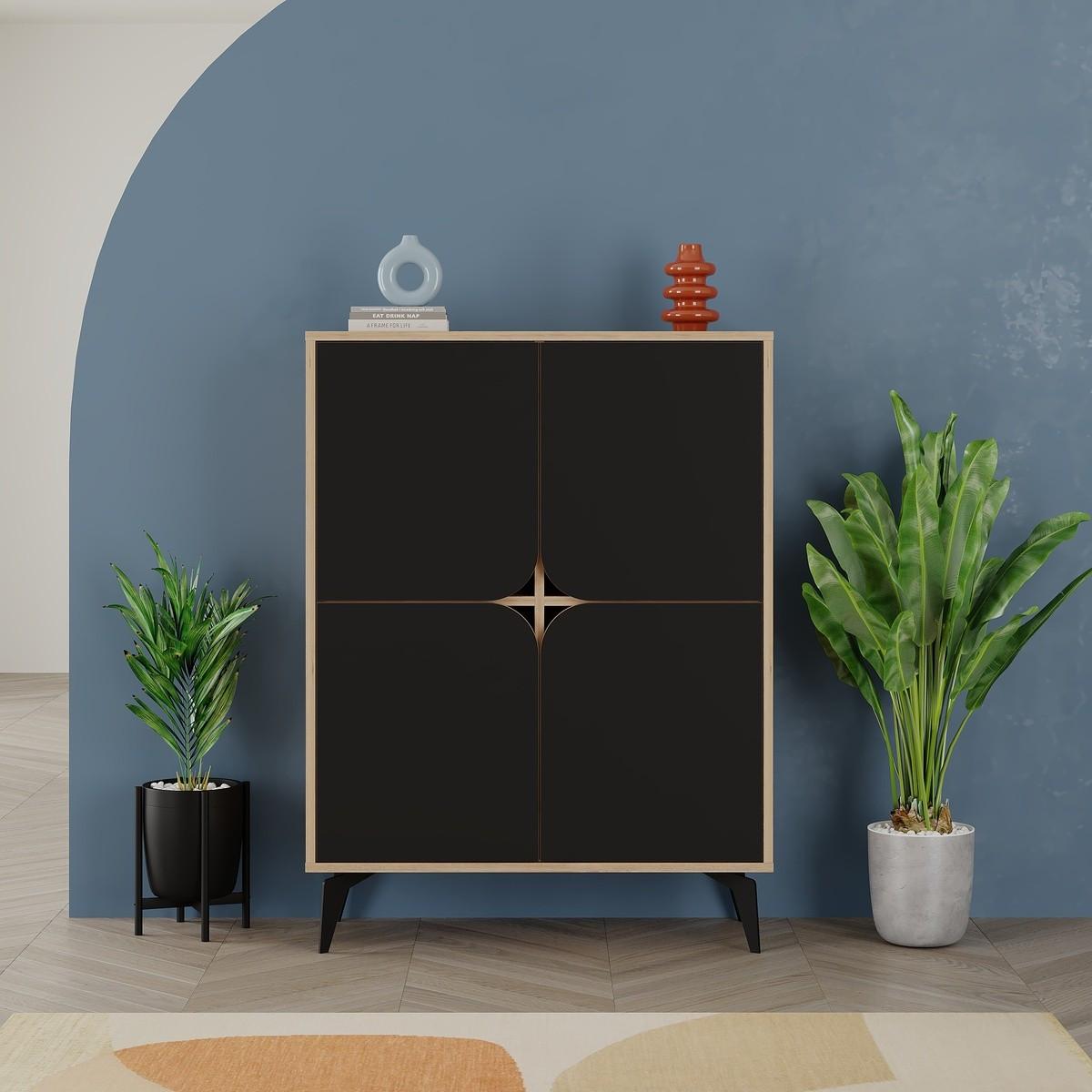 HIGHBOARD mit 4 Türen und Metallfüßen Flora - 90/38/120 cm - Schwarz, Holzwerkstoff (38/120/16cm) - Calicosy