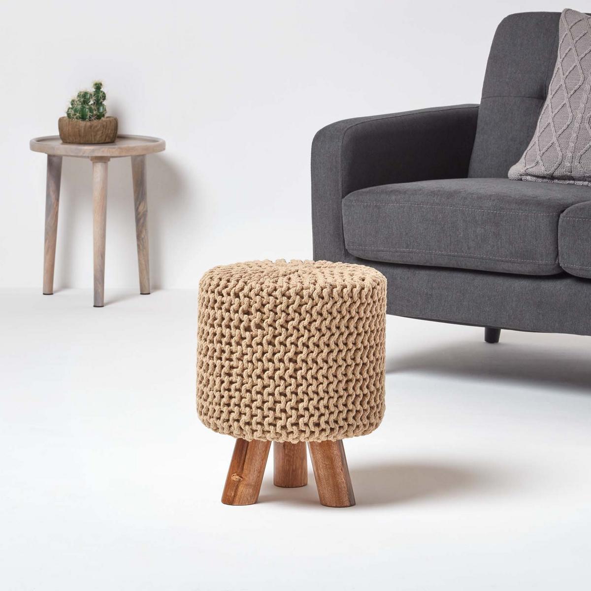 STRICK-HOCKER beige, Dreibein 32/32/42 cm - Beige, Textil (32/42/32cm) - Homescapes