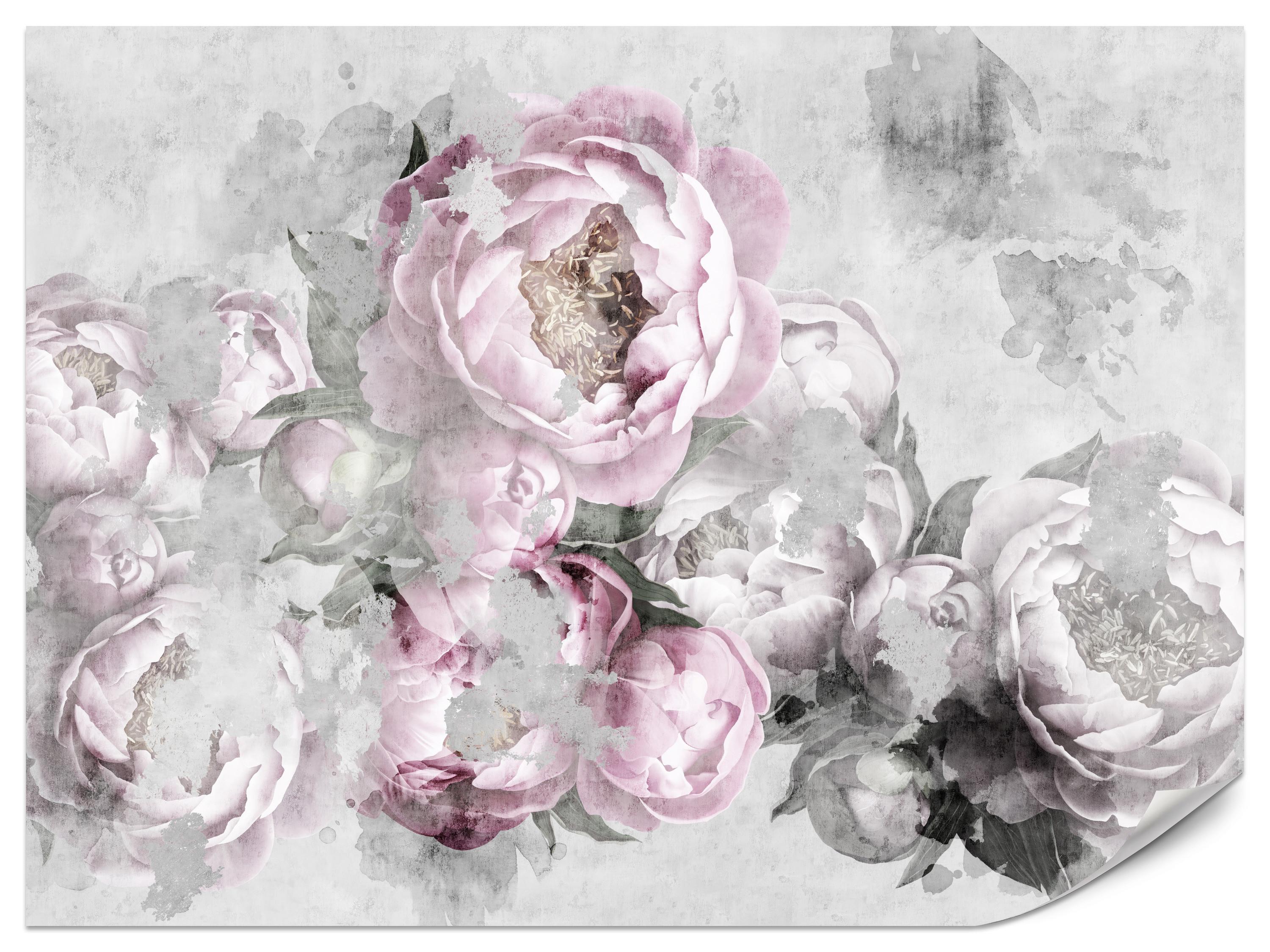 FOTOTAPETE für Küche Abstrakte Pink Pfingstrosen Beton Vintage 150x105 - Rosa/Grau, Papier (150/105cm) - Muralo