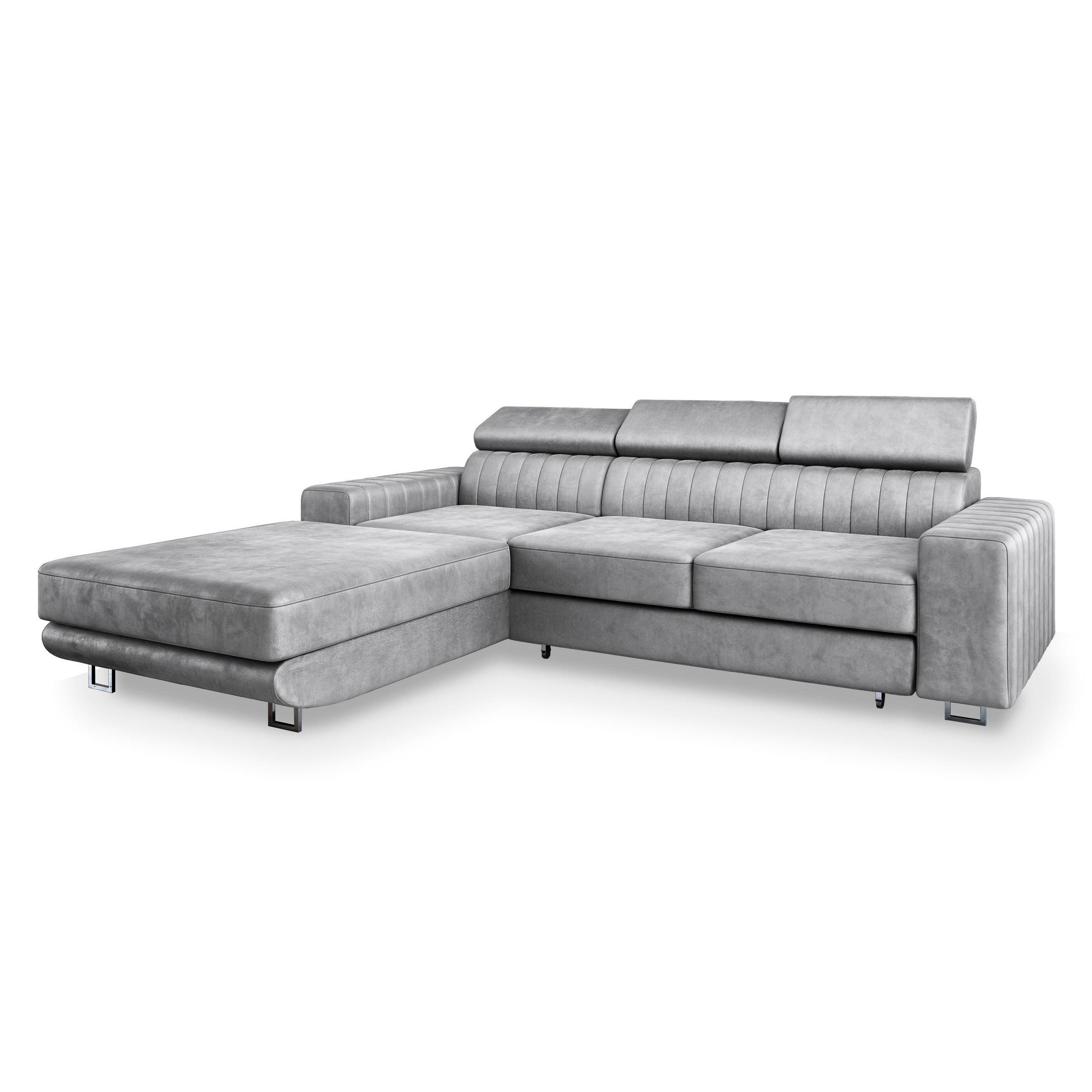 ECKSOFA NOTO L-S Hellgrau Velours-Stoff mit Schlaffunktion - Silberfarben/Hellgrau, Holz/Textil (267/190cm) - MASSENO