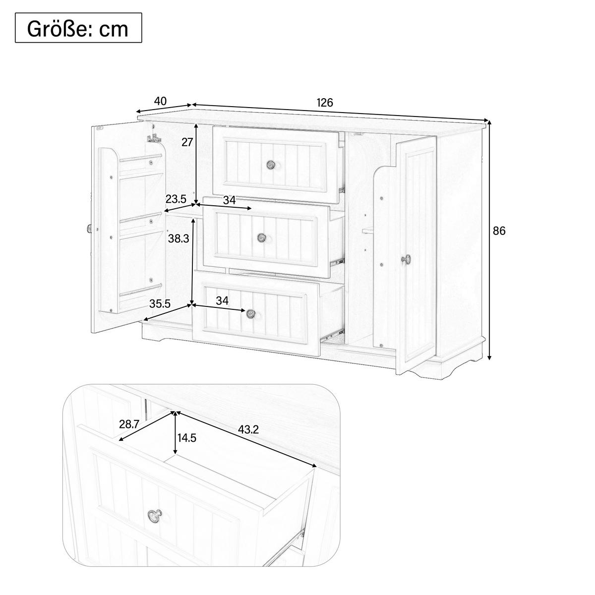 SIDEBOARD mit 3 schubladen & kühlschrank-türen - Schwarz, Holzwerkstoff (126/86/40cm) - Urban Meuble