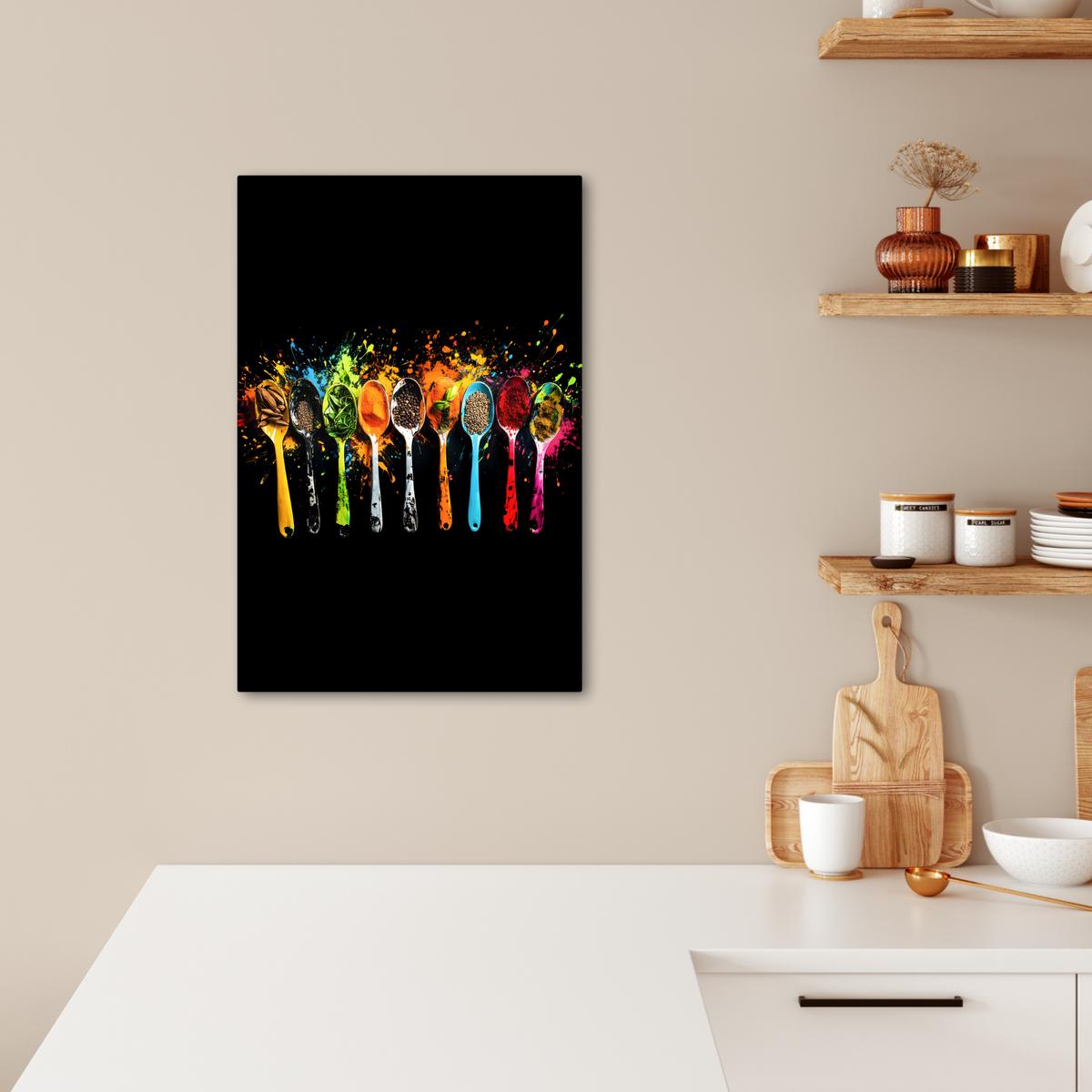 LEINWANDBILD Löffel - Gewürze - Modern - Graffiti - Farbe - Farbenfroh Wanddeko 40x60 cm - Multicolor, Textil (40/60cm) - MuchoWow