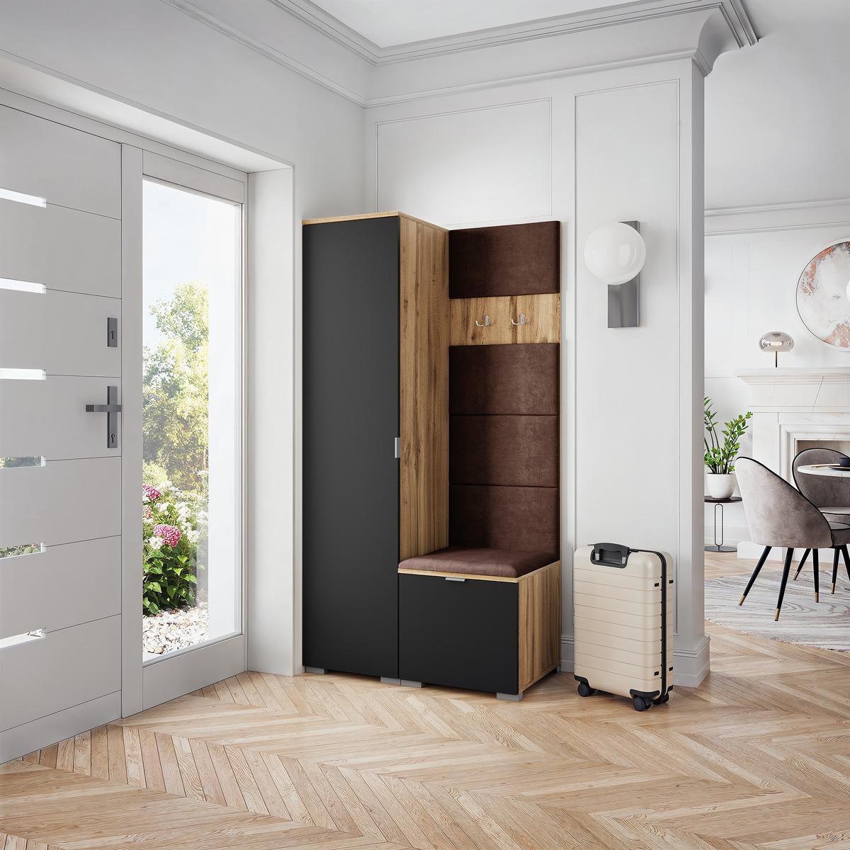GARDEROBENSCHRANK LORI 95/181/51 cm Modern Garderobe-Set Eiche Wotan - Eiche Wotan/Schwarz, Holzwerkstoff (95/181/51cm) - MASSENO