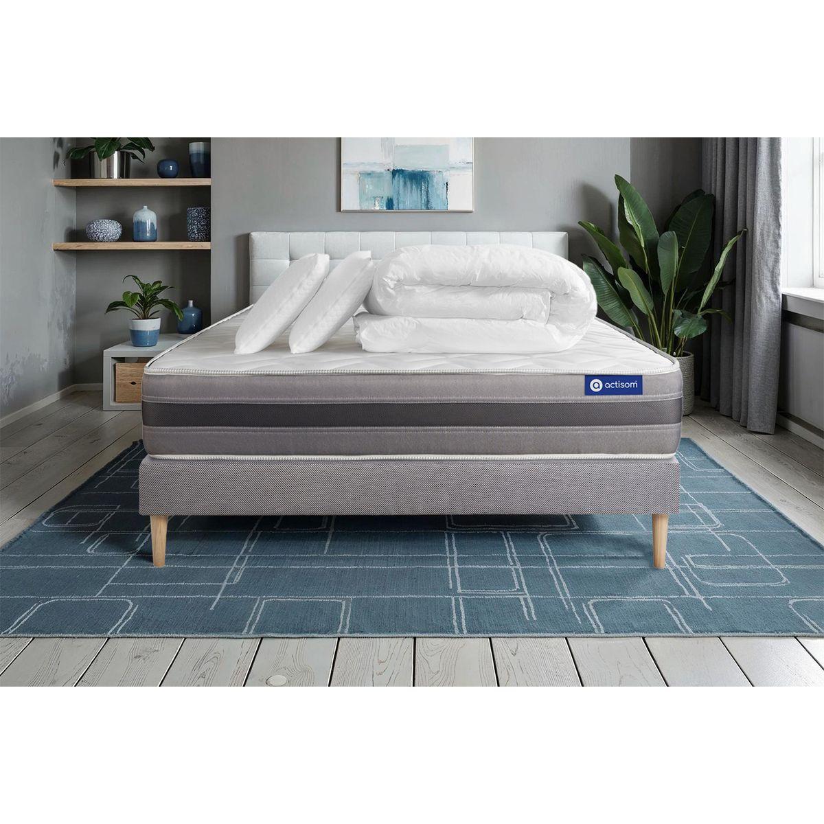 BETT Actiflex relax Taschenfederkern und Memory-Schaum 160 x 200 cm h1 - Kit Bettgestell Grau - Mit Kissen und Bettdecke - Beige/Grau, Karton/Holz (160/200cm) - ACTISOM