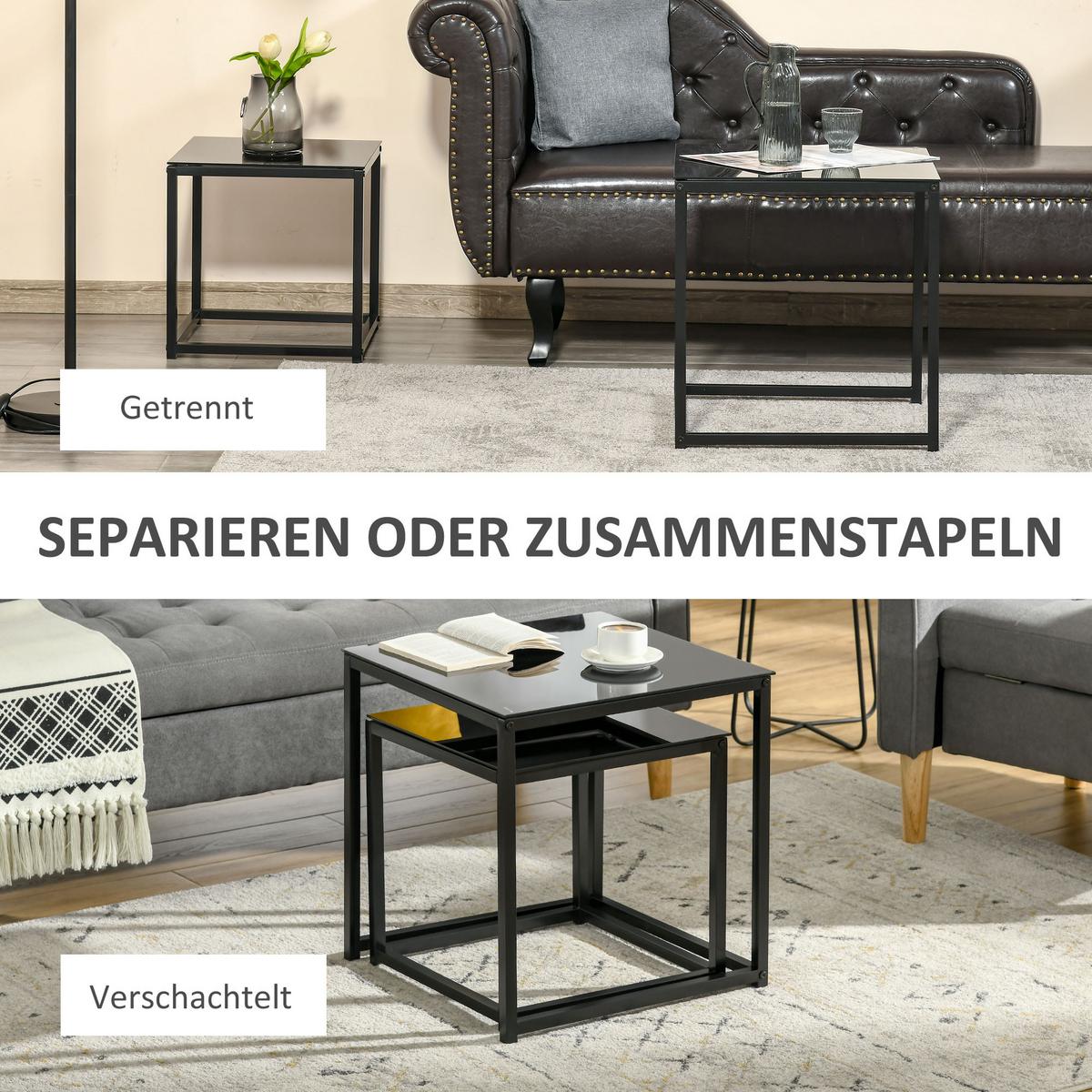 BEISTELLTISCH-SET, Stahl, Glas, Schwarz - Schwarz, Metall (50/50/52cm) - HOMCOM