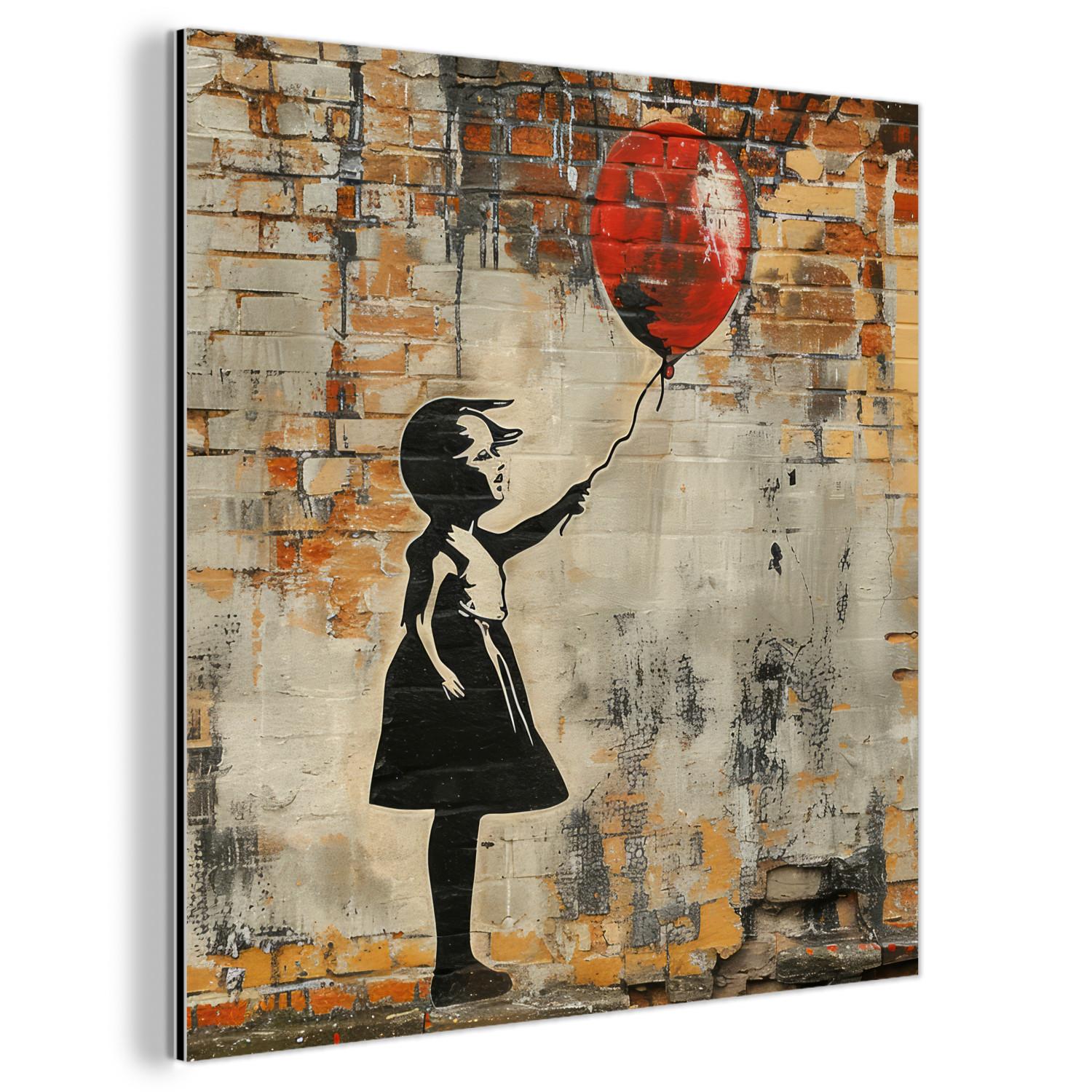 METALLBILD Graffiti - Banksy - Mädchen - Straßenkunst 90x90 cm - Sandfarben, Metall (90/90cm) - MuchoWow