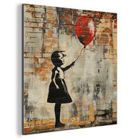 METALLBILD Graffiti - Banksy - Mädchen - Straßenkunst 20x20 cm - Sandfarben, Metall (20/20cm) - MuchoWow