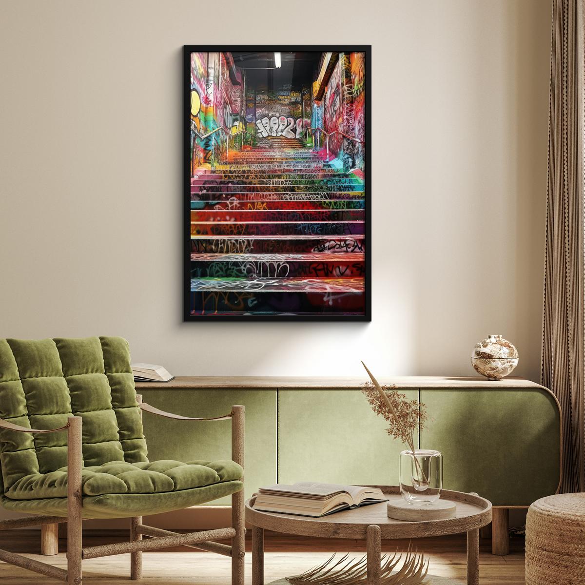 POSTER MIT RAHMENGERAHMTES BILD Treppe - Graffiti - Farben - Kunst 60x90 cm - Multicolor, Papier (60/90cm) - MuchoWow