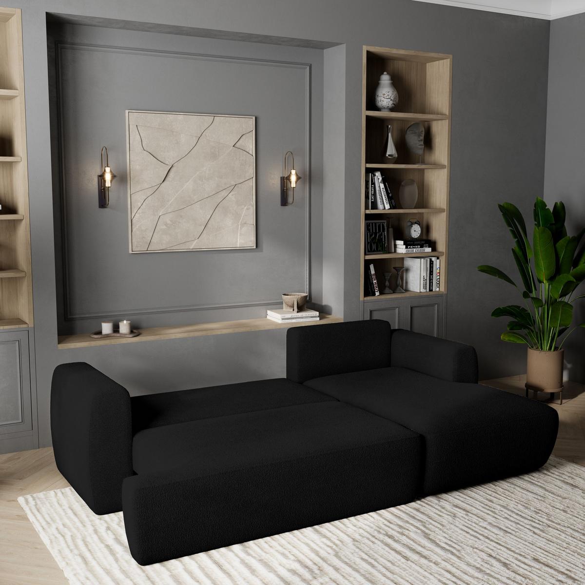ECKSOFA SENTI N R-S Schwarz Boucle-Stoff mit Schlaffunktion - Schwarz, Holz/Kunststoff (246/148cm) - MASSENO