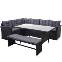 POLY-RATTAN-GARNITUR MIT BANK Schwarz 1 Eckbank, 1 Tisch, 1 Sitzbank-Set - Schwarz, Kunststoff - MCW