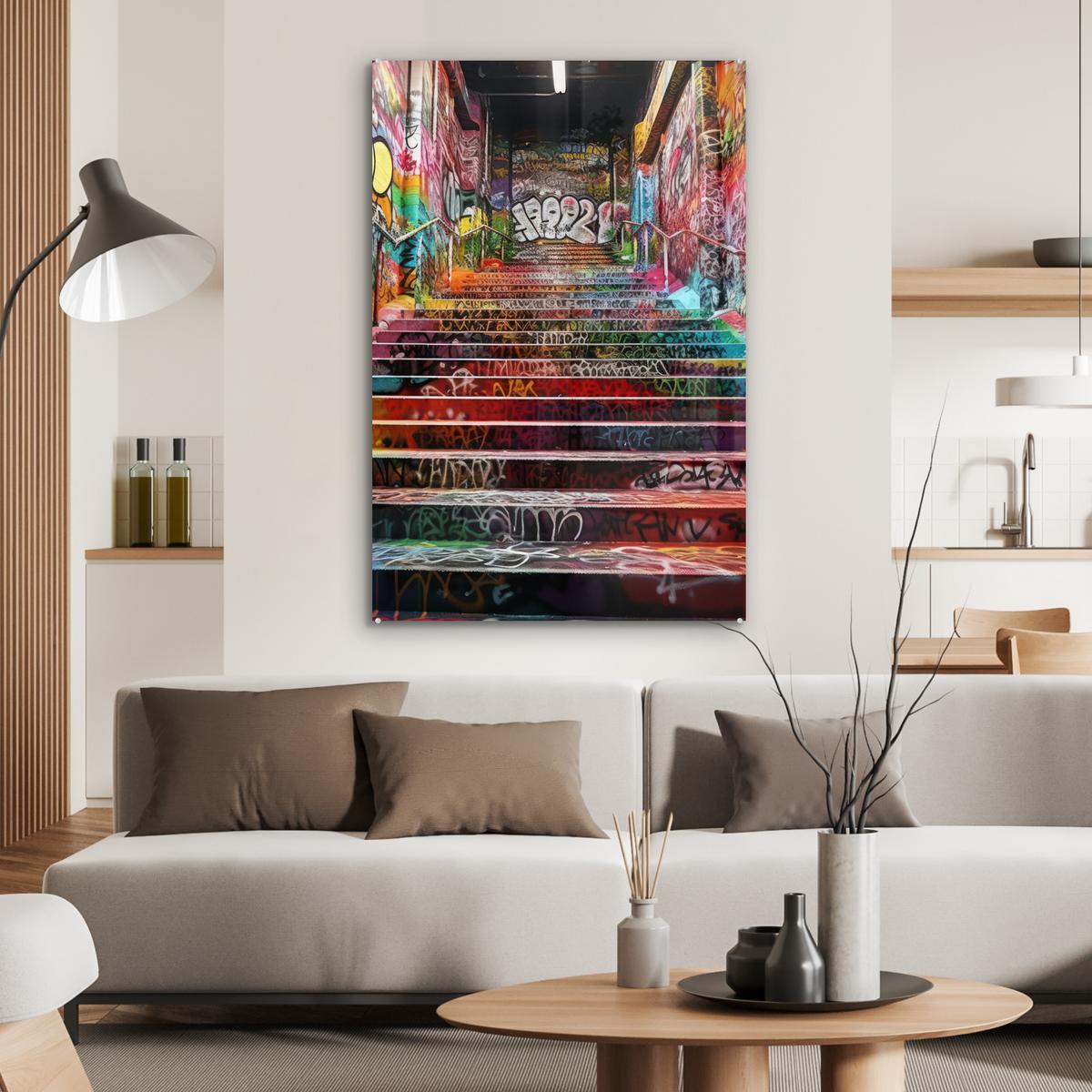 ACRYLGLASBILD Treppe - Graffiti - Farben - Kunst 80x120 cm - Multicolor, Glas (80/120cm) - MuchoWow