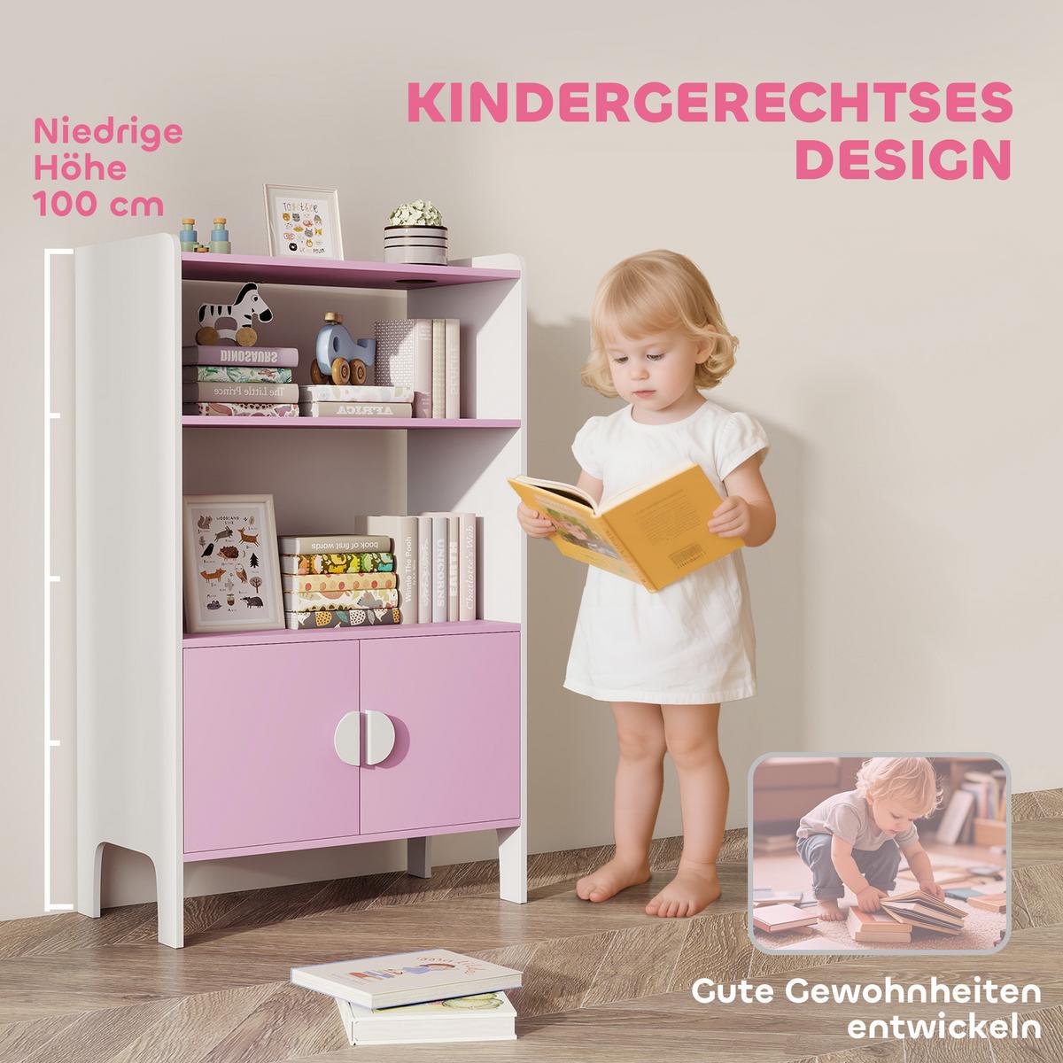 BÜCHERREGAL Kinderregal mit 2 Ablagen und 2 Schranktüren - Rosa/Weiß, Holzwerkstoff (35/100/60cm) - AIYAPLAY