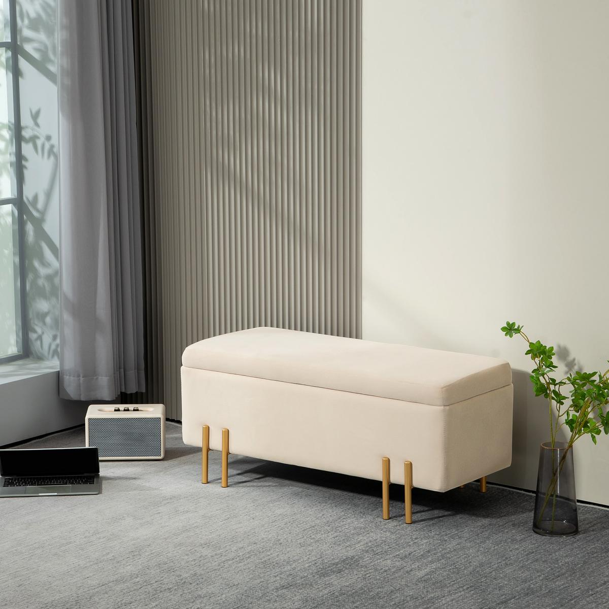 TRUHENBANK mit Samtoptik, Metallbeine 100x40x42 cm, Beige - Beige, Textil (40/42/100cm) - HOMCOM