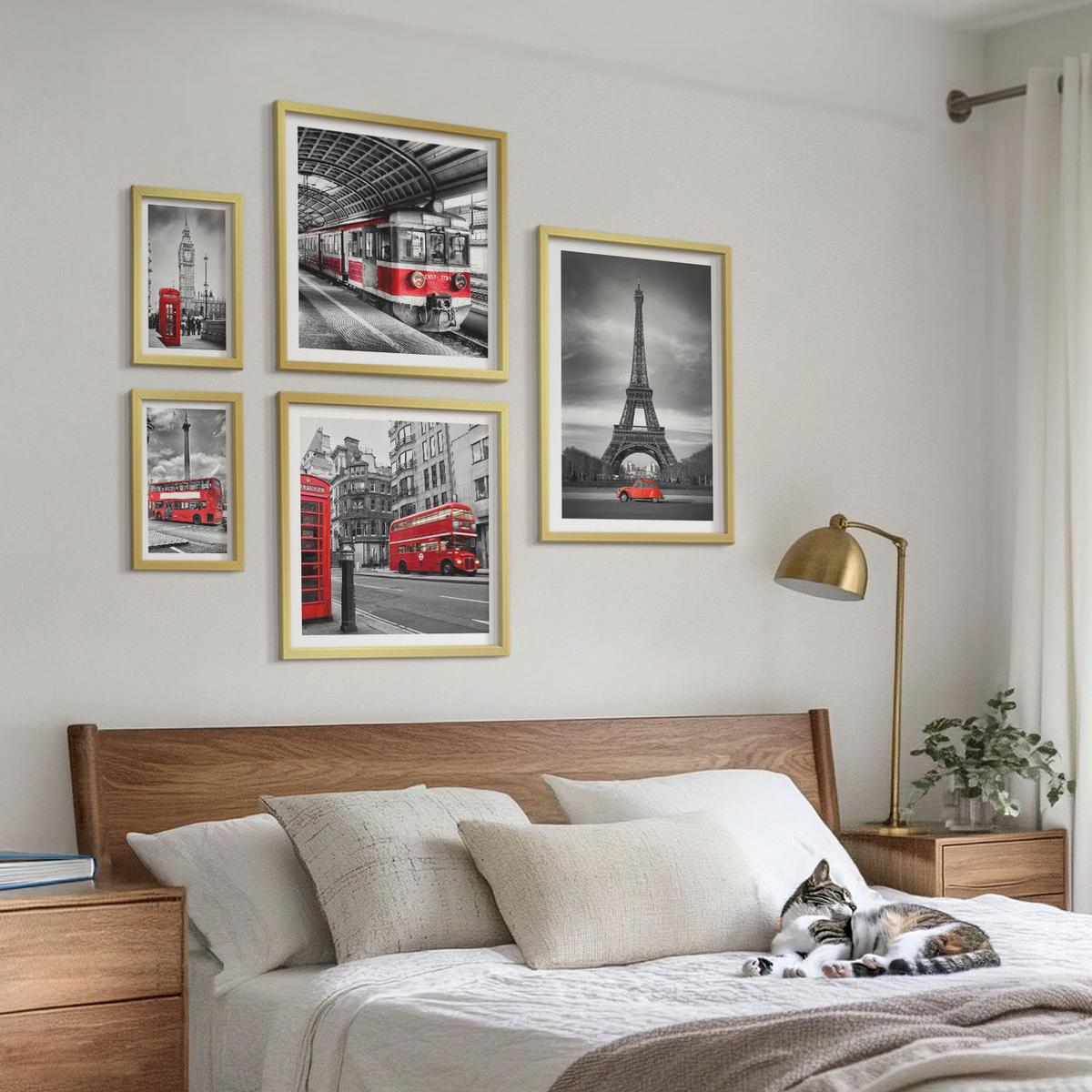 BILDER SET 5er Set - 50x50 cm & 20x30 cm & 40x60 cm Goldrahmen - Rote Busse in der Stadt - Goldfarben, Kunststoff (40/60cm) - TULUP