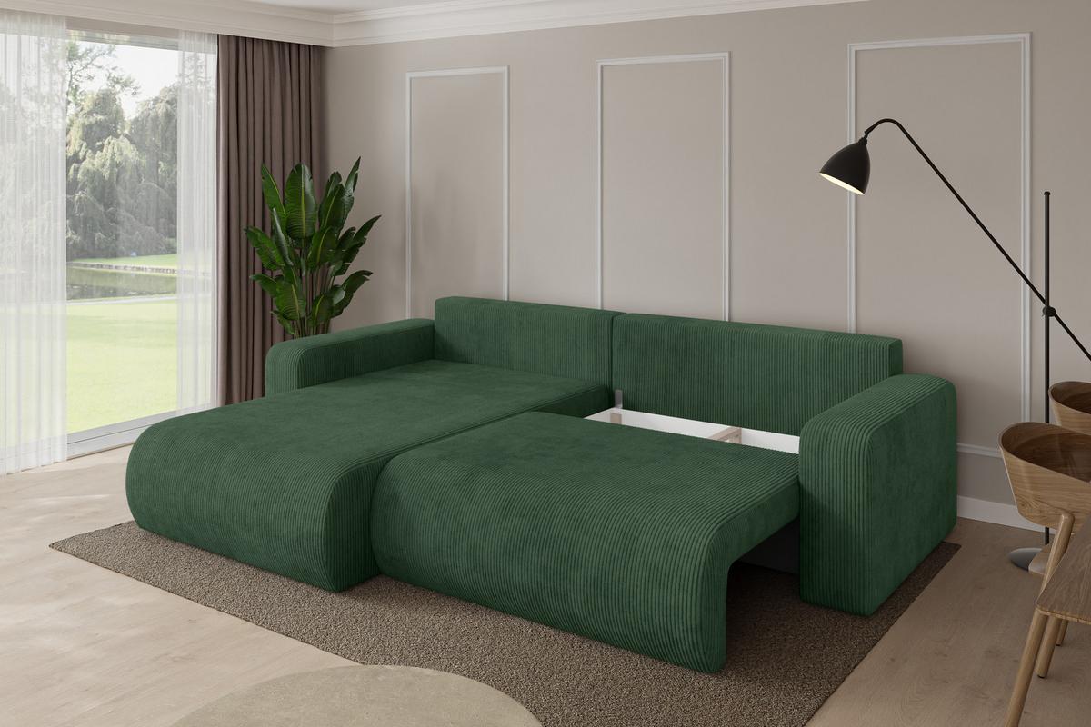 ECKSOFA mit Schlaffunktion Ottomane Links BERY-L 276x193x88 Grün Cord - Dunkelgrün/Schwarz, Holzwerkstoff/Kunststoff (276/193cm) - ALTDECOR