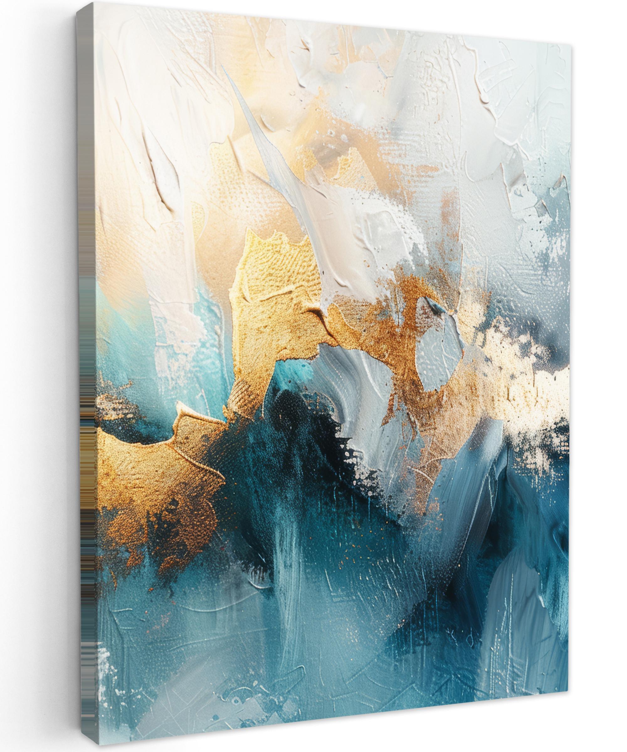 LEINWANDBILD Abstrakt - Kunst - Gold - Blau Wandbild Wohnzimmer 60x80 cm - Petrol, Textil (60/80cm) - MuchoWow