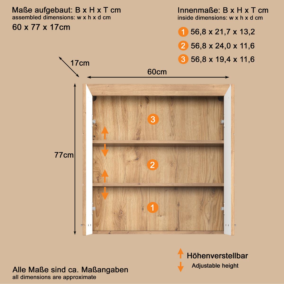 SPIEGELSCHRANK Asteiche 60 x 77 cm, Badschrank 2-türig - Eichefarben, Glas/Holzwerkstoff (60/77/17cm) - Top.Furn