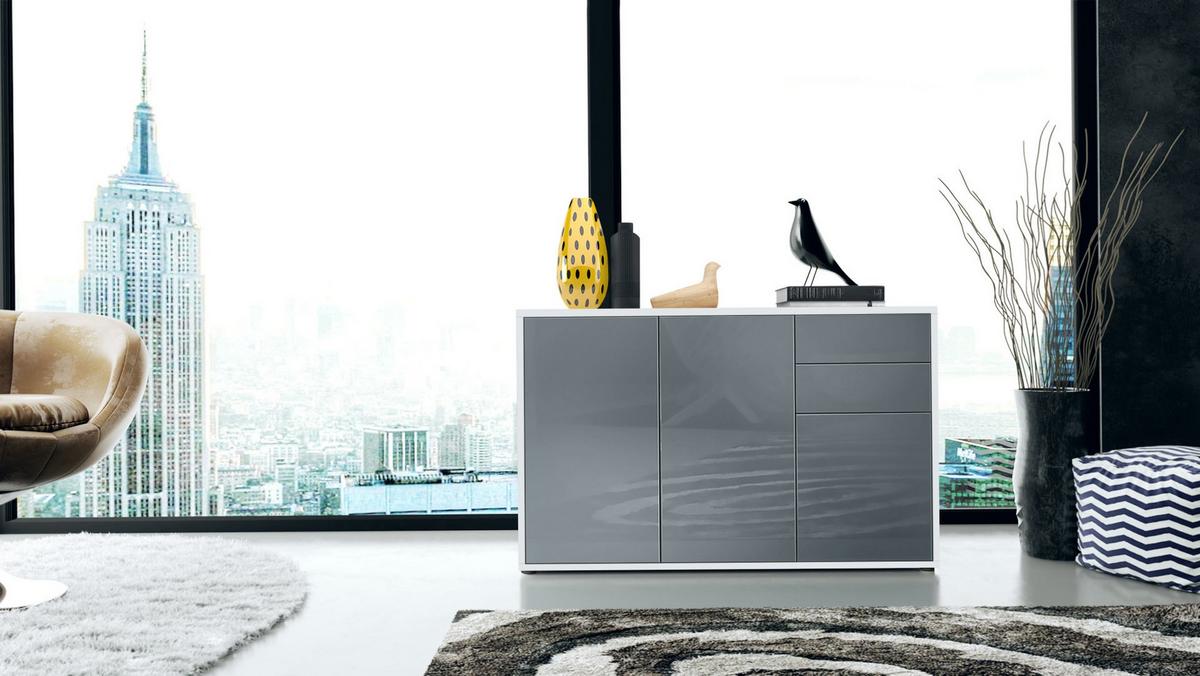 KOMMODE Ben Front in Grau Hochglanz - Grau, Holzwerkstoff (117/74/36cm) - Vladon