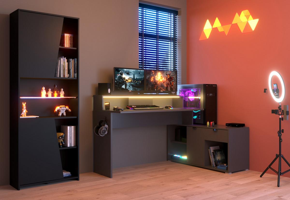 SCHREIBTISCHKOMBINATION schwarz, grau, Set Gamingtisch und Regal inkl. LED mit Farbwechsel - Schwarz/Grau, Holzwerkstoff/Kunststoff (180/229/95cm) - Parisot Meuble