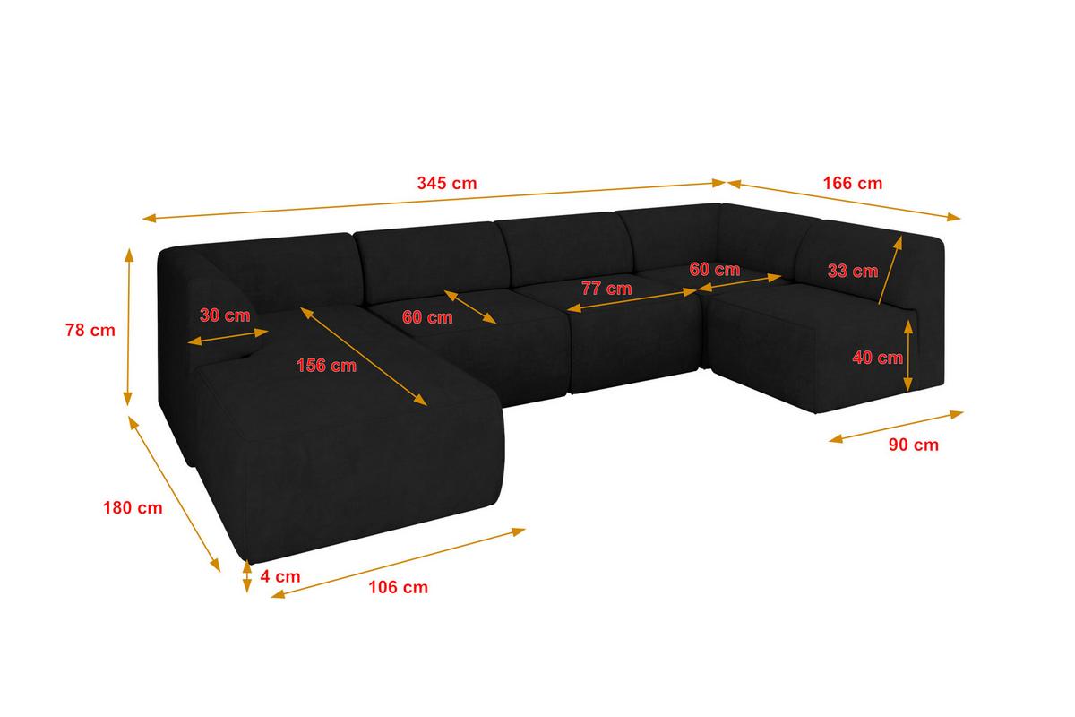 WOHNLANDSCHAFT Ottomane Links MOVO-L 345x180x78 cm Schwarz Velours - Schwarz, Holzwerkstoff/Kunststoff (345/78/180cm) - ALTDECOR