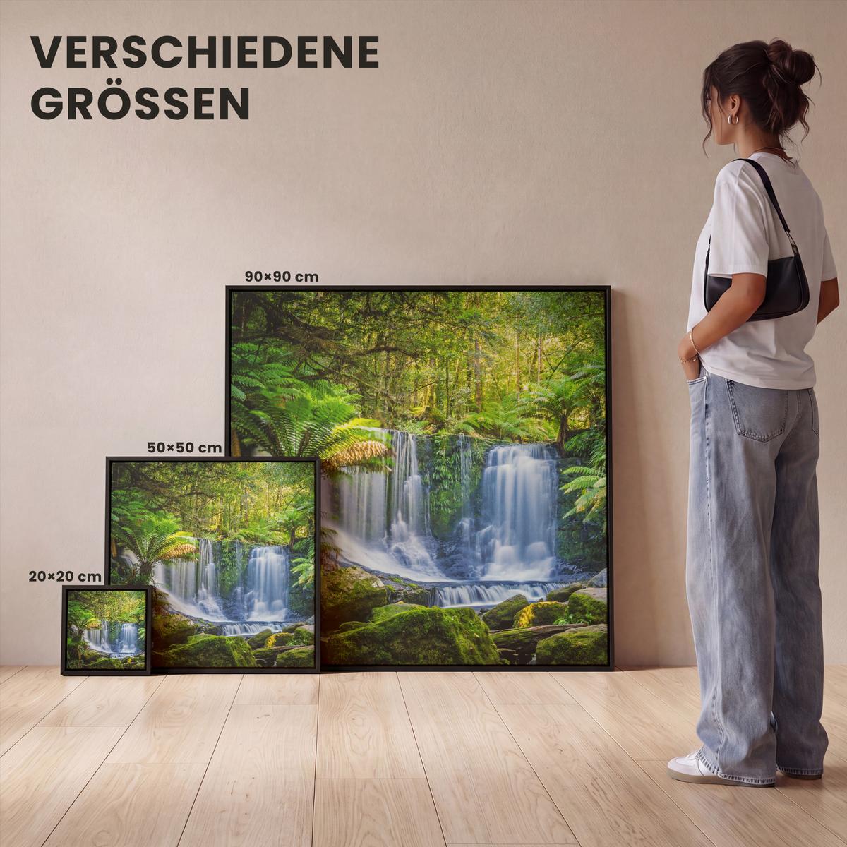 LEINWAND Bilder mit Rahmen - Dschungel - Wasserfall - Australien - Pflanzen - Natur - 50x50 - Dunkelgrün, Textil (50/50cm) - MuchoWow
