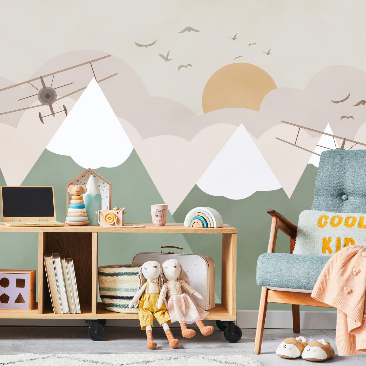 FOTOTAPETE für Kinderzimmer Berge Flugzeuge Wolken 400x280 - Beige/Orange, Papier (400/280cm) - Muralo
