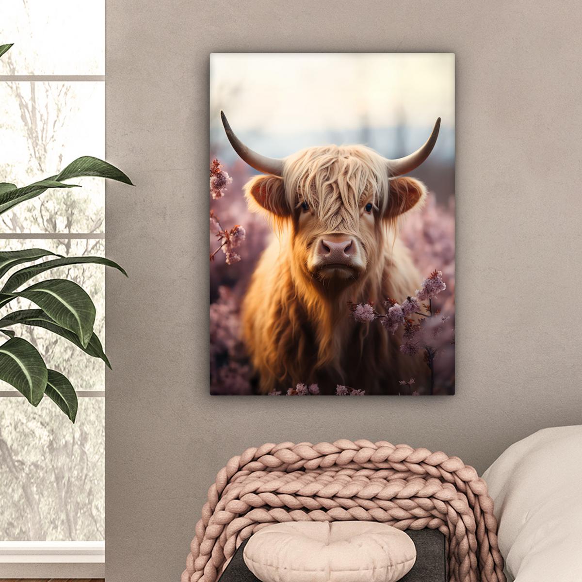 LEINWANDBILD Schottischer Hochländer - Frühling - Hochland Wandbild Wohnzimmer 60x80 cm - Hellrosa, Textil (60/80cm) - MuchoWow